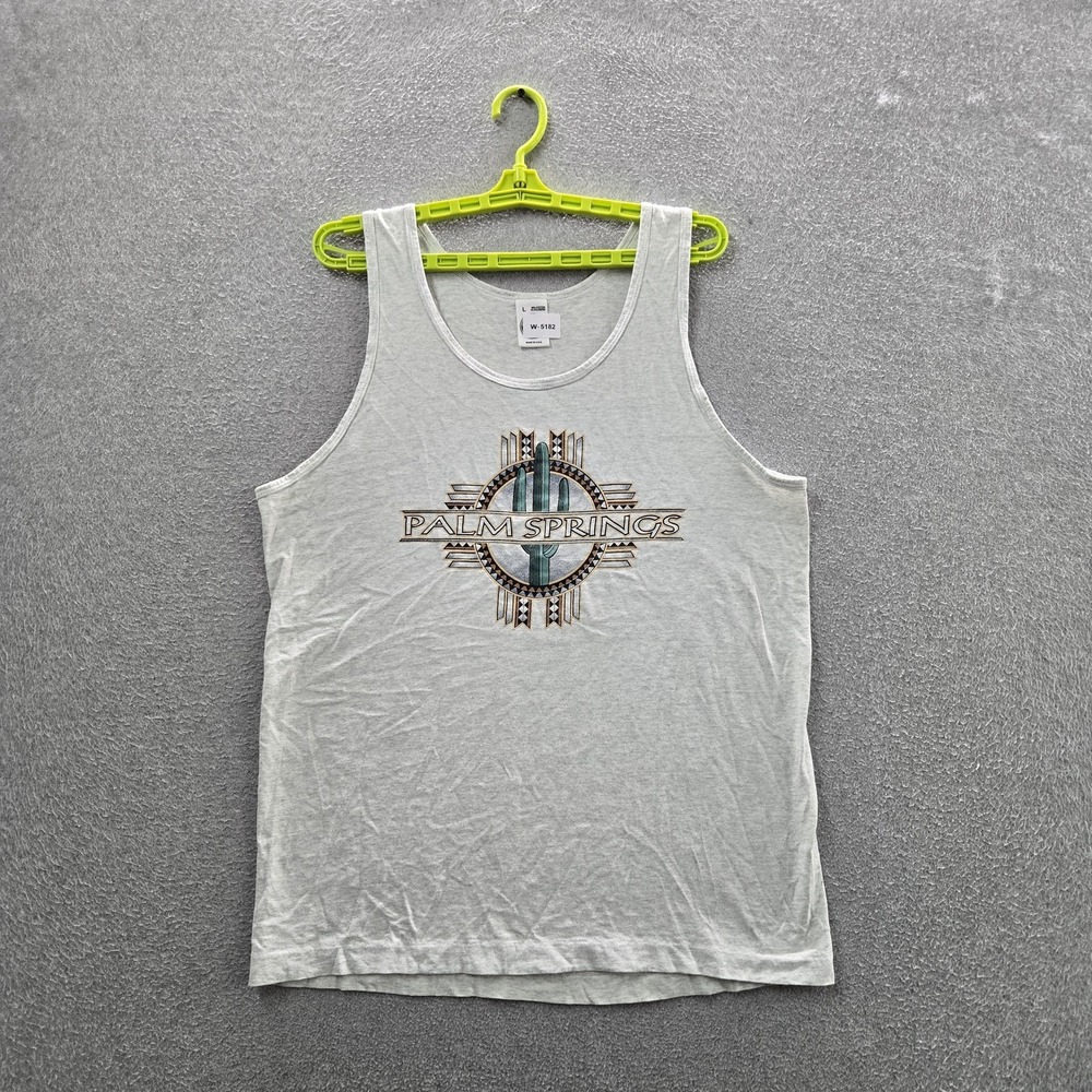 VINTAGE Munsingwear Men Tank Top L Gray Graphic Palm Springs Sleeveless Logo